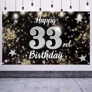 Happy 33rd Birthday Decorations,33rd Black & Silver Dream Star Large Birthday Banner Backdrop Sign - Cheers to 33 Years Old Bday Party Decoration.