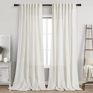 Nanspring Beige White Linen Curtains 96 Inches Long 2 Panels Set for Living Room Bedroom Back Tab Rod Pocket Semi Sheer Light Filtering Drape for Bedroom Home Decor Protect Privacy 52x96