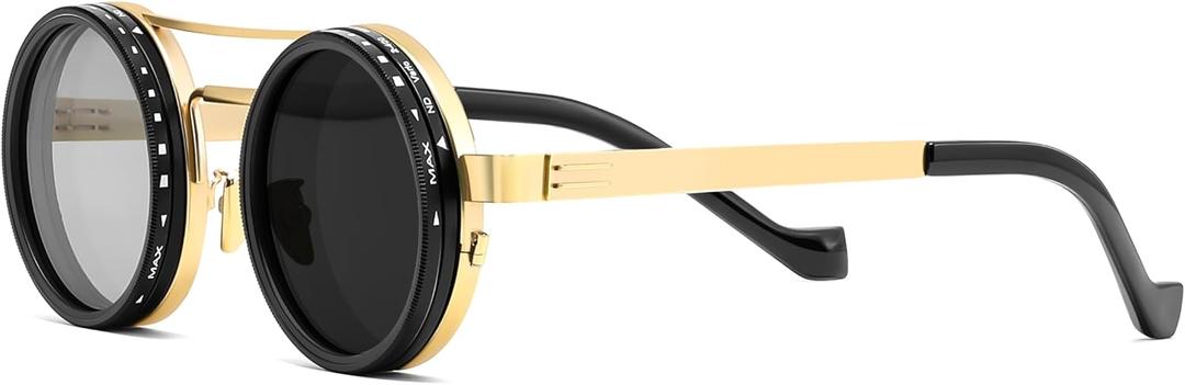 FEISEDY Adjustable Tint Sunglasses Polarized Men, 1-9 Gear Manual Dimming, Steampunk Round Metal Frame UV400 ND Filter B1400