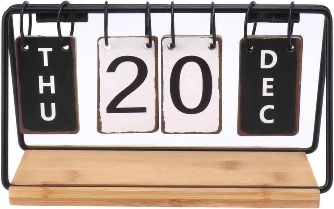 Desk Calendar, Standing Flip Wooden Metal Perpetual Flip Calendar with Day, Date and Month Display, Daily Flip Calendar Date Blocks for Desk, Office Desktop Housewarming Gift
