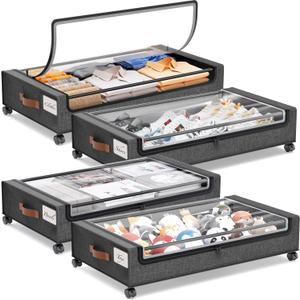 Yecaye Under Bed Storage with Wheels, 4 Pack 60L Under Bed Rolling Storage with Clear Window & Label, Underbed Storage Containers, Rolling Under Bed Metal Drawer for Clothes, Shoes, Books (Grey)