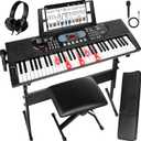 AQNIEGEP 61-Key Electric Keyboard Piano with Lighted Keys, Christmas Gifts, Premium Bundle: Stand, Bench, Mic,Headphones, Music Stand, Stickers, 70 Demos 200 Tones/Rhythms, Beginners/Adults, Compact