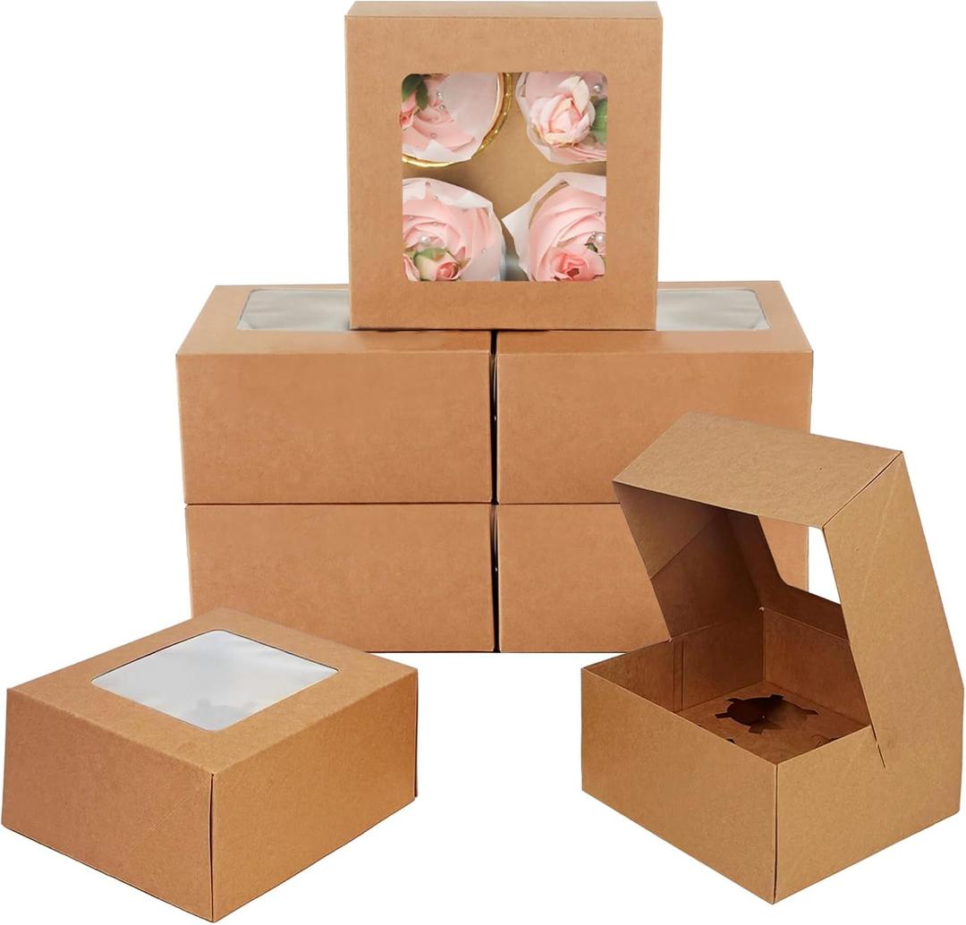 qiqee Auto-pop Up 4 Cupcake Boxes with Window Brown 30 Packs Cupcake Box 6.3"x6.3"x3" Bakery Boxes For Cupcakes Carrier, Cupcake Containers (4 Holder/30 Packs)