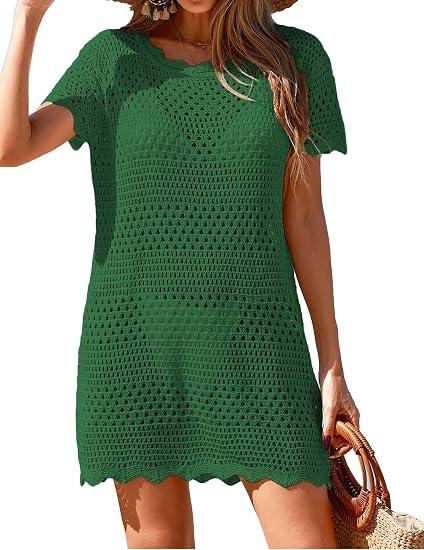 BreathSunny Womens Crochet Knit Swimsuit Coverup Caridgan Summer 2026 Polo Collar Button Front Hollow Out Mesh Swimwear Coverups Beach Swim Bikini Bathing Suit Cover Up Mini Shirt Dress Forest Green M