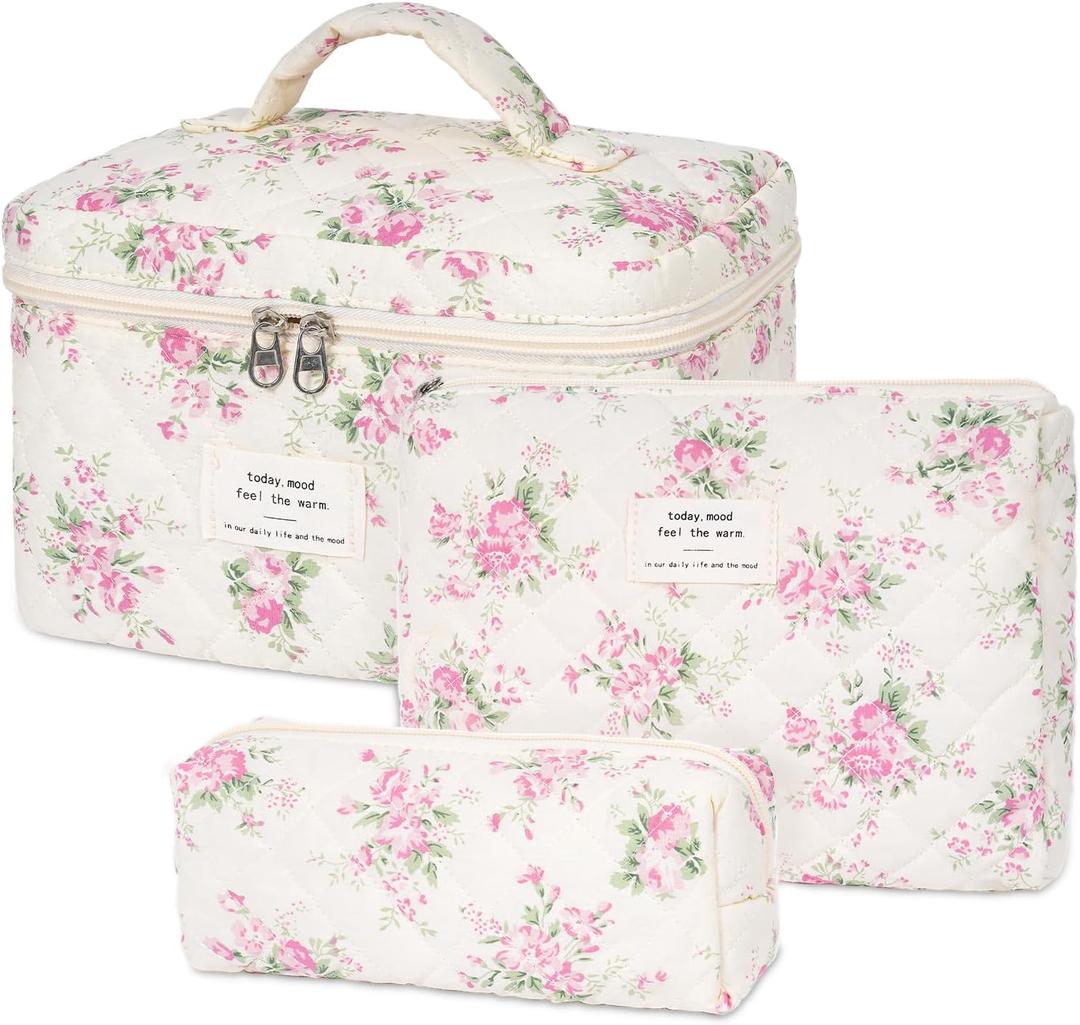 Quilted Makeup Bag,Large Cosmetics Bag Set,Cotton Coquette Floral Make up Pouch,Travel Toiletry Bag for Women (3pcs, Park)