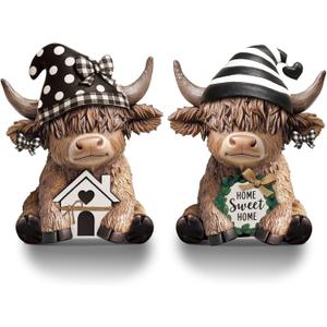 Wesiti 2 Pcs Highland Cow Home Decor Figurines Resin Farmhouse Ornament Set, Cute Cow Statues with House Home Sweet Sign, Rustic Tiered Tray Table Decor Gifts for Garden Kitchen Office