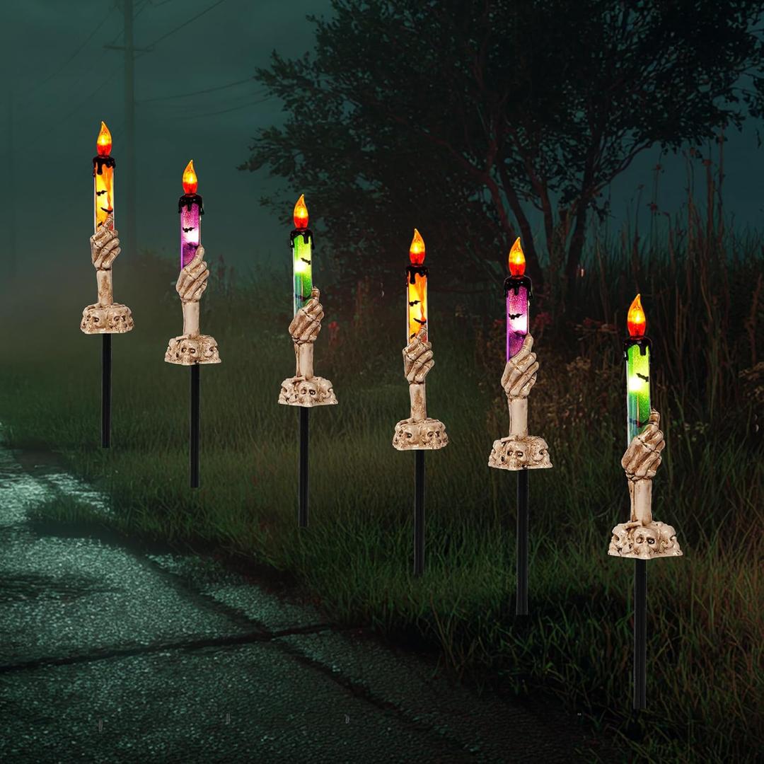 Hourleey Halloween Decorations, 10 Pack Skull Candle Lights with Stakes, Battery Operated Waterproof Pathway Decor with Timer for Indoor Outdoor Front Pathway Lawn Yard Garden (Orange, Purple, Green)