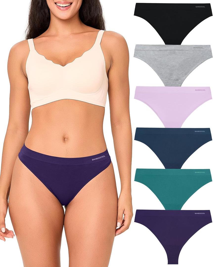 BAMBOO COOL Women's Thongs Seamless Moisture-Wicking Breathable Underwear High Stretchy Mid Waisted Panties Tagless 6 Pack (XXL)