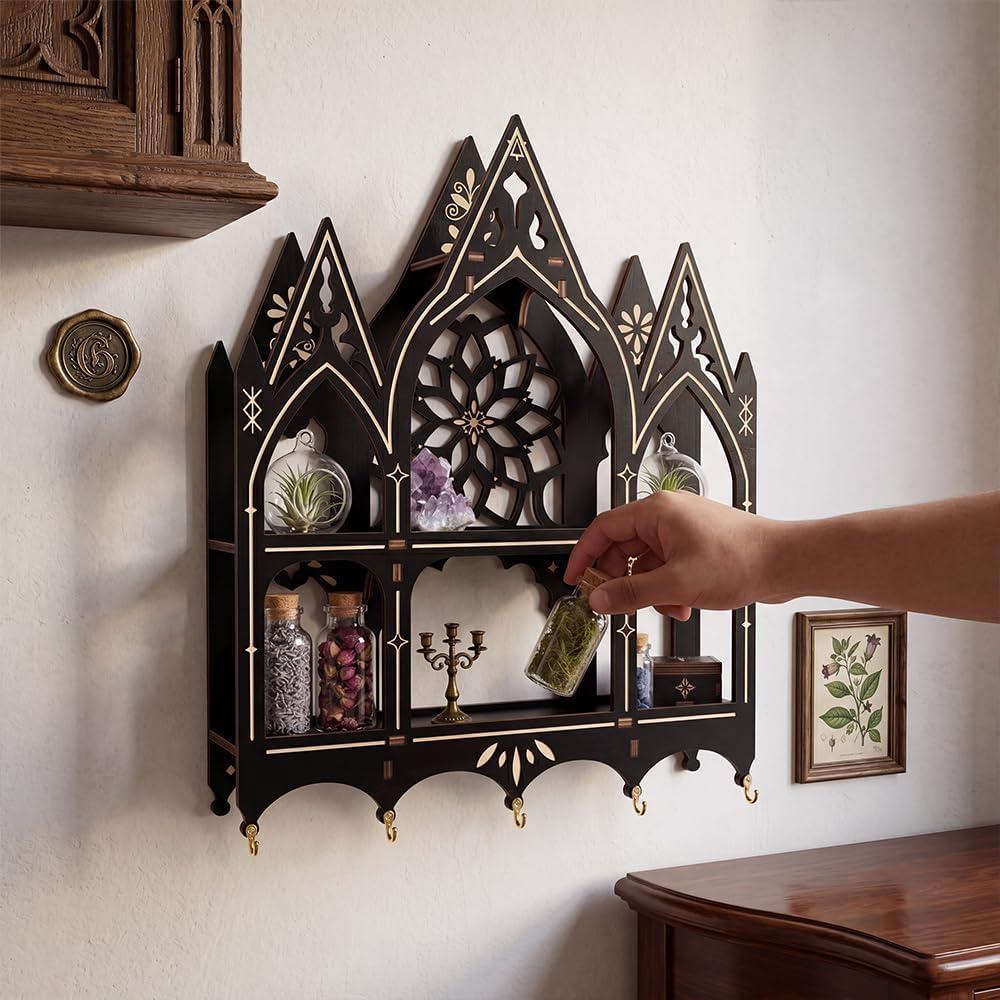 Gothic Trinket Shelf, Wall Shelf for Bedroom, Black Floating Shelves Gothic Witchy Home Decor Aesthetic Wall Goth Room Decor Decorative Crystal Display Shelves Vintage Gift