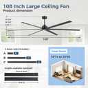 JSAITEE 108 Inch Industrial Ceiling Fan, Reversible Quiet DC Motor, 6 Blades, 3 Downrods, 6 Speed Remote Control, Large No-Light Ceiling Fan for Residential, Commercial Spaces, Porch Garage Shop,Black