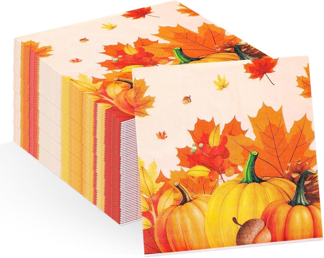 60pcs Thanksgiving Napkins, 3-Ply Fall Autumn Paper Napkins for Decoupage Pumpkin Maple Leaf Printed Cocktail Napkin for Dinner Table Decoration Wedding Birthday Party Supplies
