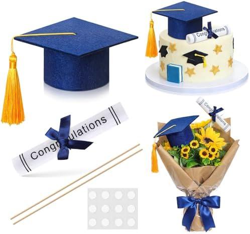 Breling Blue and Gold Graduation Cap Cake Topper with Diploma Centerpiece Sticks Mini Felt Grad Hat Cake Toppers with Tassel Class of 2026 Grad Table Decor Party Supplies Decorations
