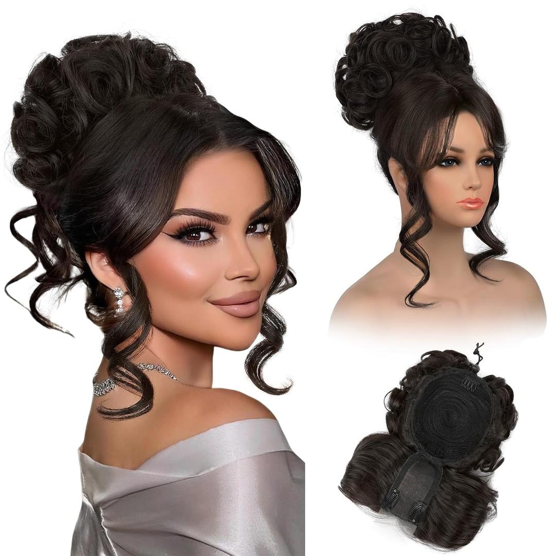 REECHO Messy Bun Hair Piece with Bangs - 2-in-1 Hair Bun Hairpieces Curly Updo Wig & Hair Topper with Long Side Bangs Natural-Looking Drawstring Ponytail Extension for Women - Black Brown