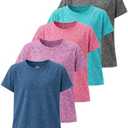 Real Essentials 5 Pack: Girls' Short Sleeve Dry-Fit Athletic T-Shirt - Active Gym Crew Neck Tops for Teens Kids (Ages 4-16)