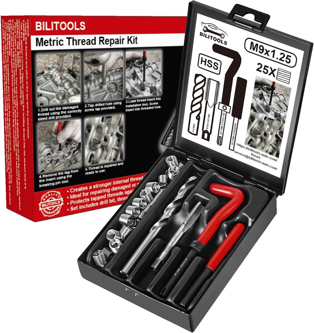 BILITOOLS M9x1.25 Helicoil Thread Repair Kit Metric, HSS Drill Heli Coil Repair Kit