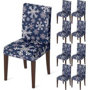 Horaldaily 8PCS Christmas Dining Blue Chair Covers, Simple Snow Stick Figure Stretch Removable Washable Slipcover Chair Protector for Dining Room Home Decor