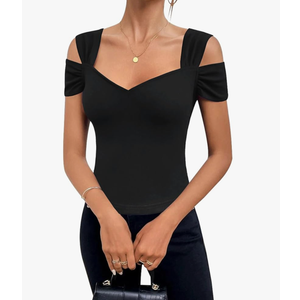 Blingfit Cold Shoulder Tops Summer Tunic Shirts for Women T Shirts V Neck Short Sleeve Casual Tees Blouses 2025, XL