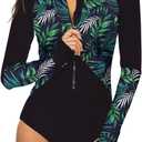 SELINK Women's Long Sleeve Rash Guard UV Protection Zipper Printed Surfing One Piece Swimsuit Bathing Suit (Small, Green Leaf Print)