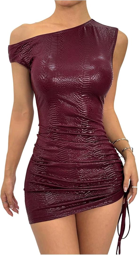Milumia Women's Off Shoulder Pu Leather Mini Dress Sexy Drawstring Ruched Party Club Short Dresses (Large, Burgundy)