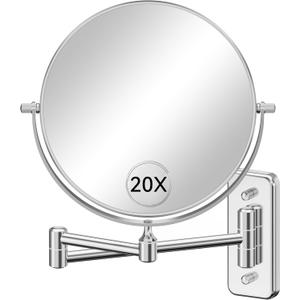 Auxmir Wall Mounted Makeup Mirror, 8 Inch 1X/20X Double Sided Magnifying Mirror with Extendable Swivel Arm, 360 Rotation Bathroom Vanity Mirror with Tweezers, Chrome