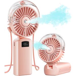 Gaiatop Portable Misting Fan, 180 Foldable Handheld, 3 Speeds USB Rechargeable, Spray Water Mist with LED Digital Display, Personal Cooling Mini Hand Fans for Travel, Hiking, Concert, Outdoor, Pink