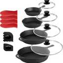 Megachef 13 Piece Pre-Seasoned Cast Iron Skillet Set with Temperd Glass Lids and Silicone Holders (Multi)