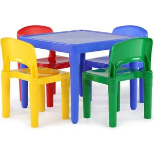 Humble Crew Kids Plastic Table and Chair Set, Toddler Activity Table with 4 Chairs, Lightweight Easy-Clean Kids Desk for Play, Snacks-Crafts, Indoor Outdoor Playroom Furniture, Blue/Primary