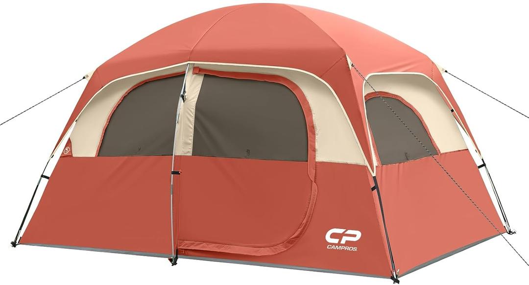 CAMPROS CP Tent-6-Person-Camping-Tents, 6 Person, Waterproof Windproof Family Tent with Top Rainfly, 4 Large Mesh Windows, Double Layer, Easy Set Up, Portable with Carry Bag - Red For Camping & Hiking