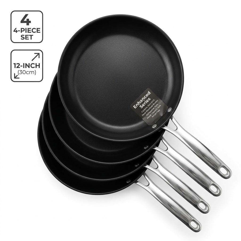 12 Inch Nonstick Frying Pan Set of 4 – Hard-Anodized Ceramic Non-Stick Skillets with Stainless Steel Handles, Dishwasher & Metal Utensil Safe Cookware, PFAS & PFOA Free