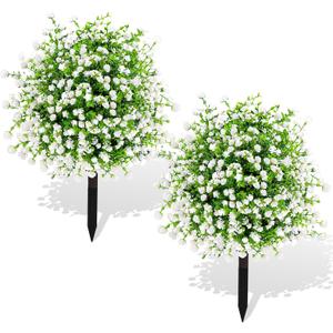 ENVEN Artificial Boxwood Topiary Ball Trees with Ground Spikes UV Resistant Faux Greenery Shrubs Fake Shrubs for Outdoors, Realistic Faux Plants Bushes for Garden Porch Yard Patio Decor (White Green)