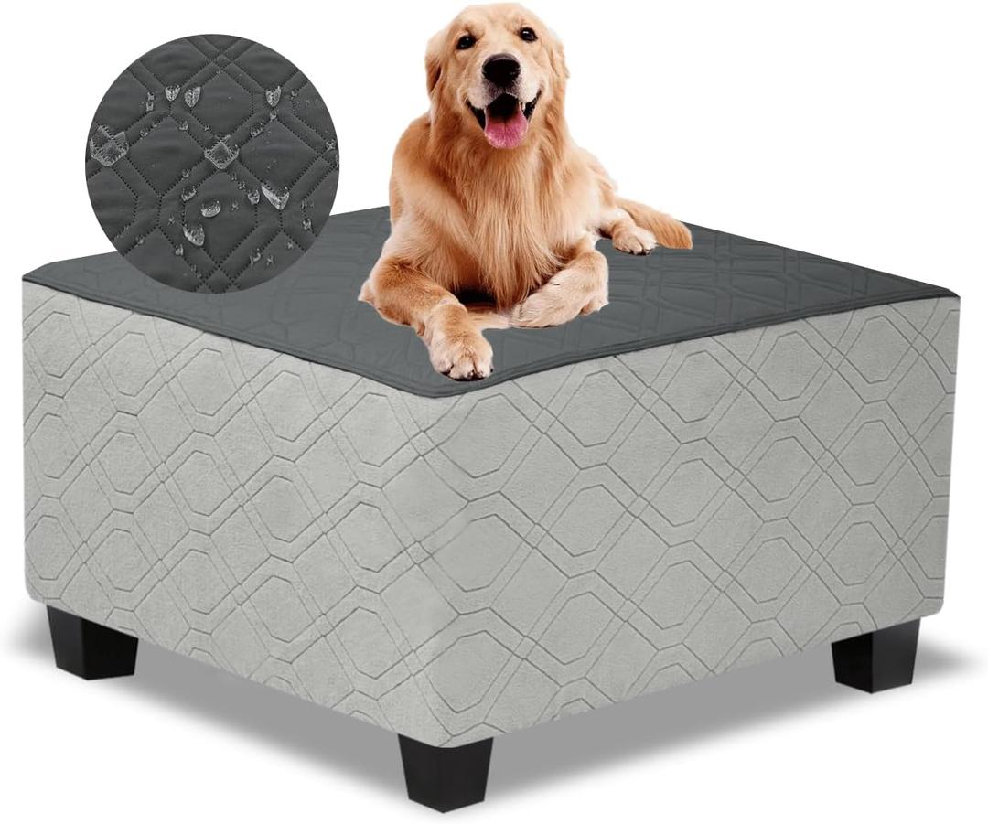 Ottoman Cover Square, Waterproof Square Ottoman Covers Thick Slipcover for Living Room, Washable Storage Footstool Furniture Protector for Dogs, Pets, Dark Grey, Medium (M Length&Width:33"-37",Height:14"-20")