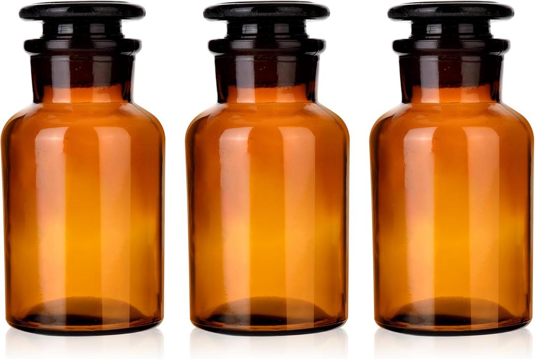 Lab Glass Reagent Bottle,Wide Mouth Glass Storage Bottle with Ground Stopper,Decorative Bottles/Vase (Amber, 3 * 125ML)