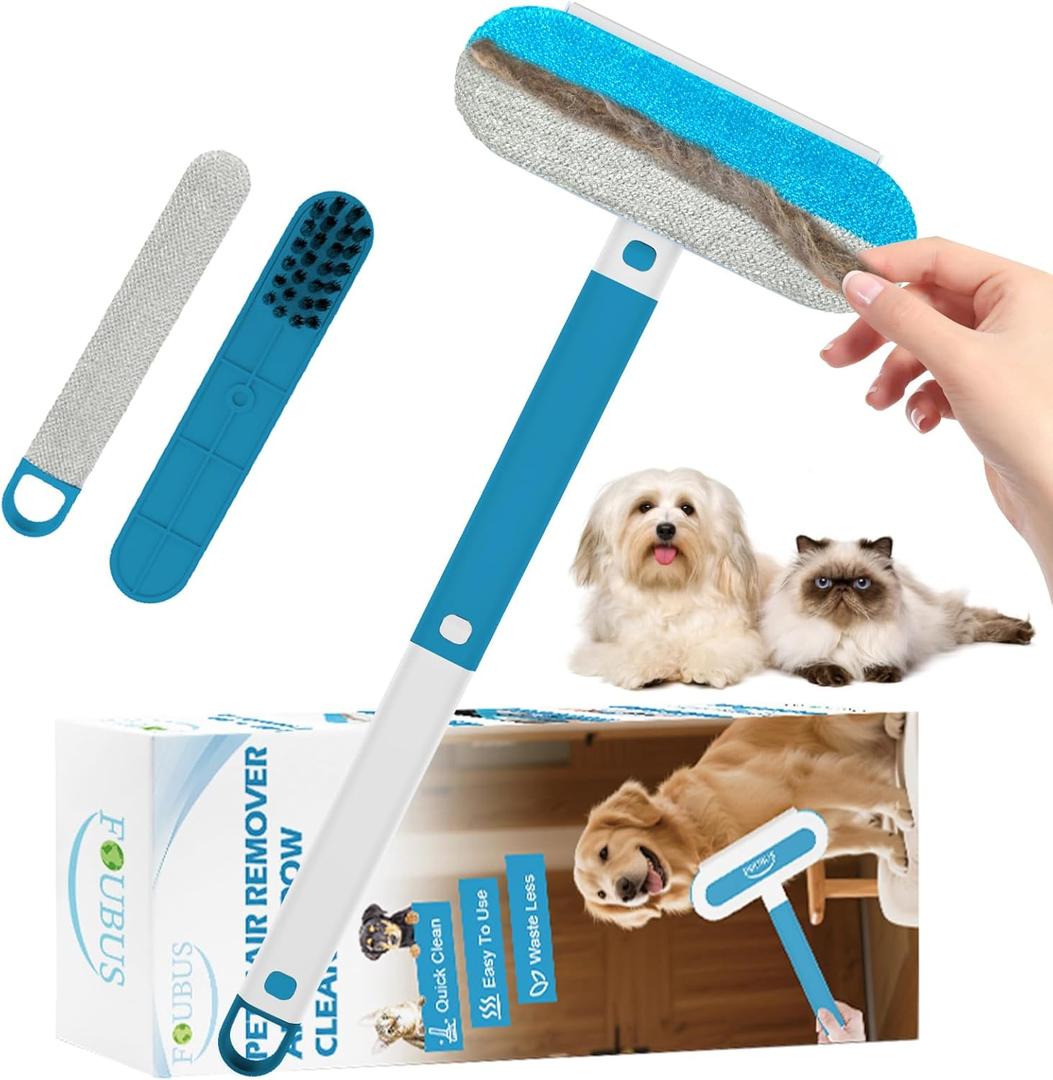 2 x Multifunctional Pet Hair Remover tool, 4 in 1-Reusable Washable Long Handle Dog&Cat Fur Hair Remover for Furniture,Carpet,Couch,Clothes,Bedding,Car,Window,Better than Lint Rollers, with 2 Scrapers