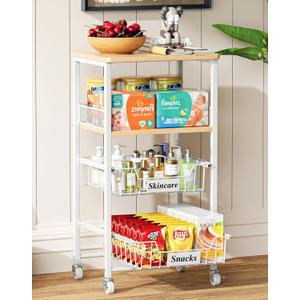 OKZEST 4 Tier Rolling Cart with Drawer Baskets, Metal Utility Storage Cart with Wheels and Wood Top for Living Room, Kitchen, Home Office, Bedroom, Pantry, Baby Essential, Craft, Snack, Makeup, White