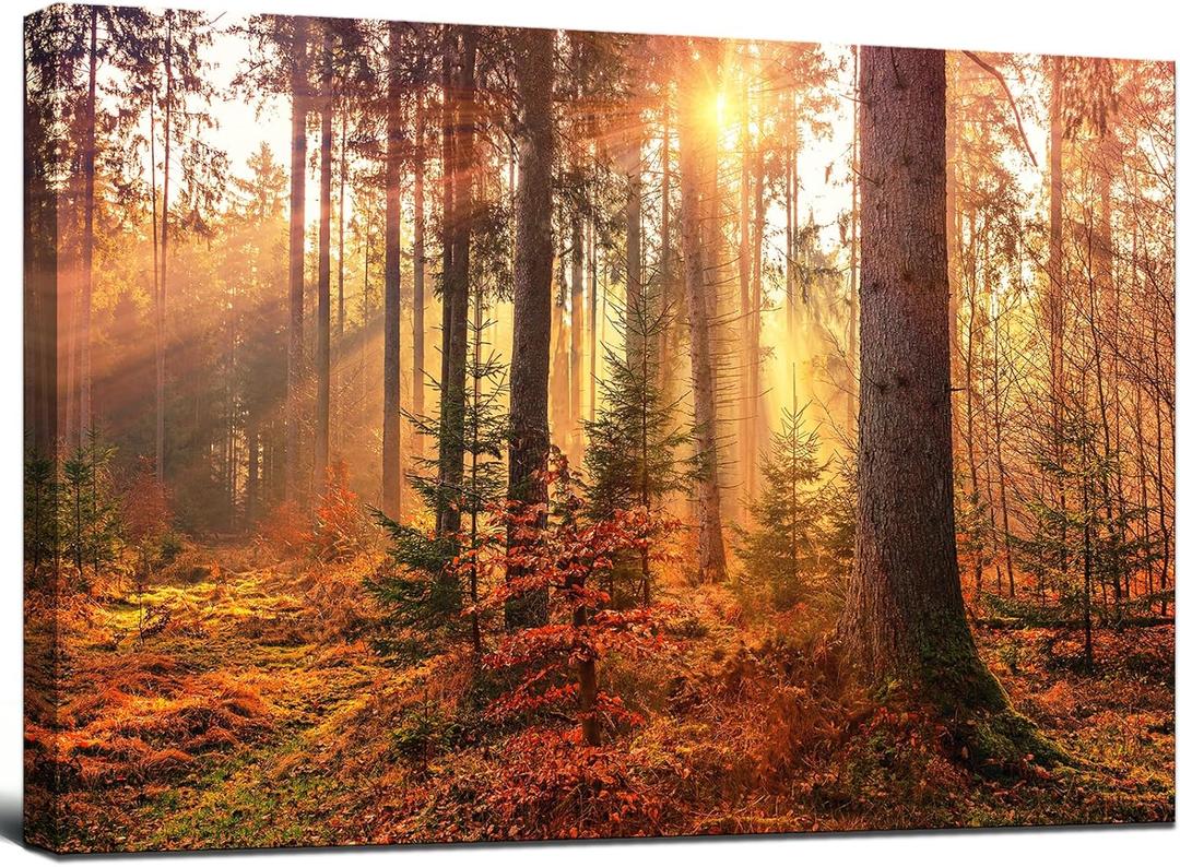 msspart Mystery Forest Light Wall Art, Nature Landscape Pictures Canvas Prints Wall Decor, Autumn Trees Paintings Hang for Office Bedroom, Bathroom, Living Room for Home Decoration - 32”x48”