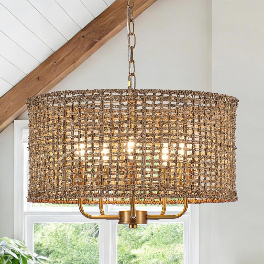 Boho Rattan Chandelier for Dining Room, Vintage Farmhouse Bamboo Golden Chandelier Modern 5-Lights Drum Hand-Woven Wicker Gold Chandeliers for Kitchen, Living Room, Entryway, Bedroom