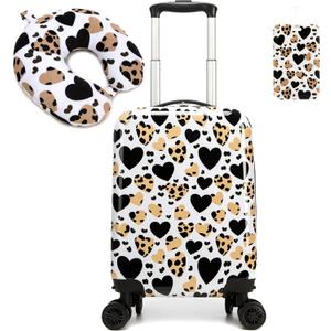Kid's Luggage Set 2 Piece Suitcase Set Hardside Luggage with Spinner Wheels Girls Carry on Toddler Travel Rolling Suitcase with Neck Pillow Airline Approved (Brown Love)