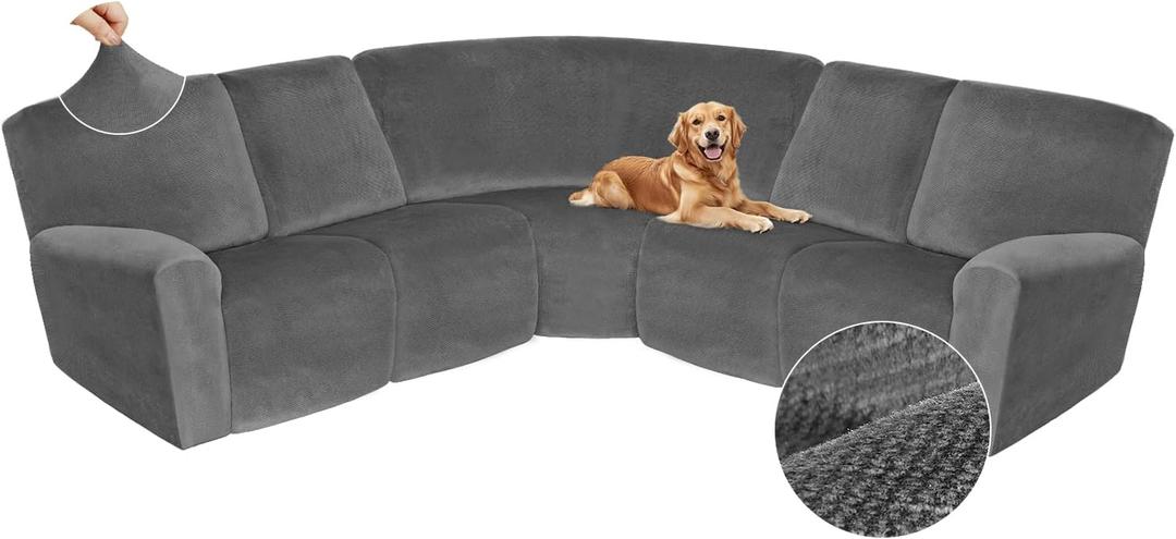 Arfntevss Sectional Recliner Couch Covers Velvet Corner Sectional Sofa Cover for Reclining Couch Stretch Soft L Shape Recliner Slipcover Thick U Shaped Washable Protector (5 Seat Cover, Middle Gray)