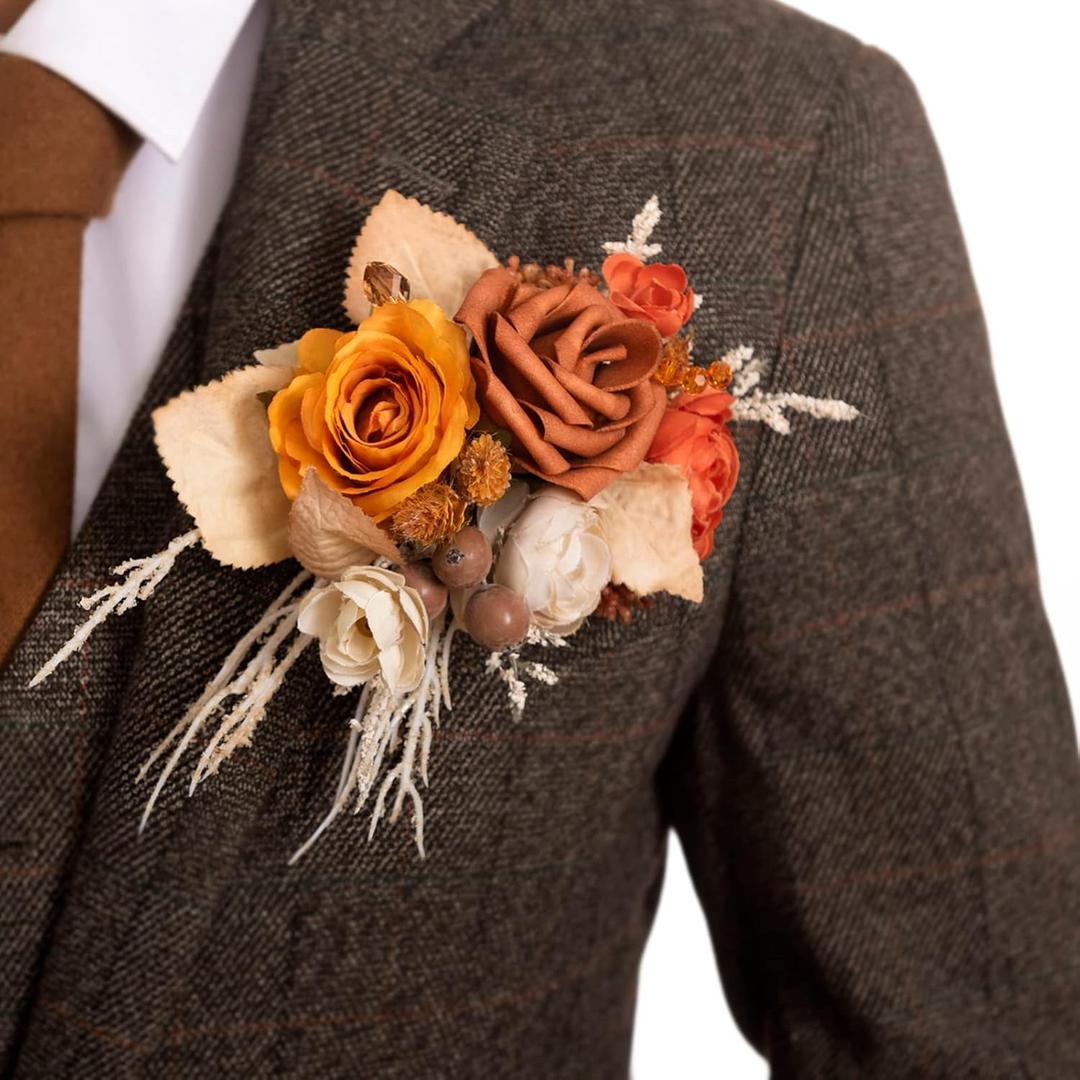 Ling's moment Pocket Boutonniere Single, Boutonniere for Men Groom for Wedding, Prom, Homecoming, Anniversary, Graduation, etc.Fall Orange Terracotta, 6" W x 5" H