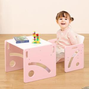FUNLIO Height Adjustable Toddler Table and Chair Set for Age 1-3, Quality Solid Wood Montessori Table and Chairs, Weaning Baby Table Chair Set, Easy to Assemble, CPC Certified - Pink