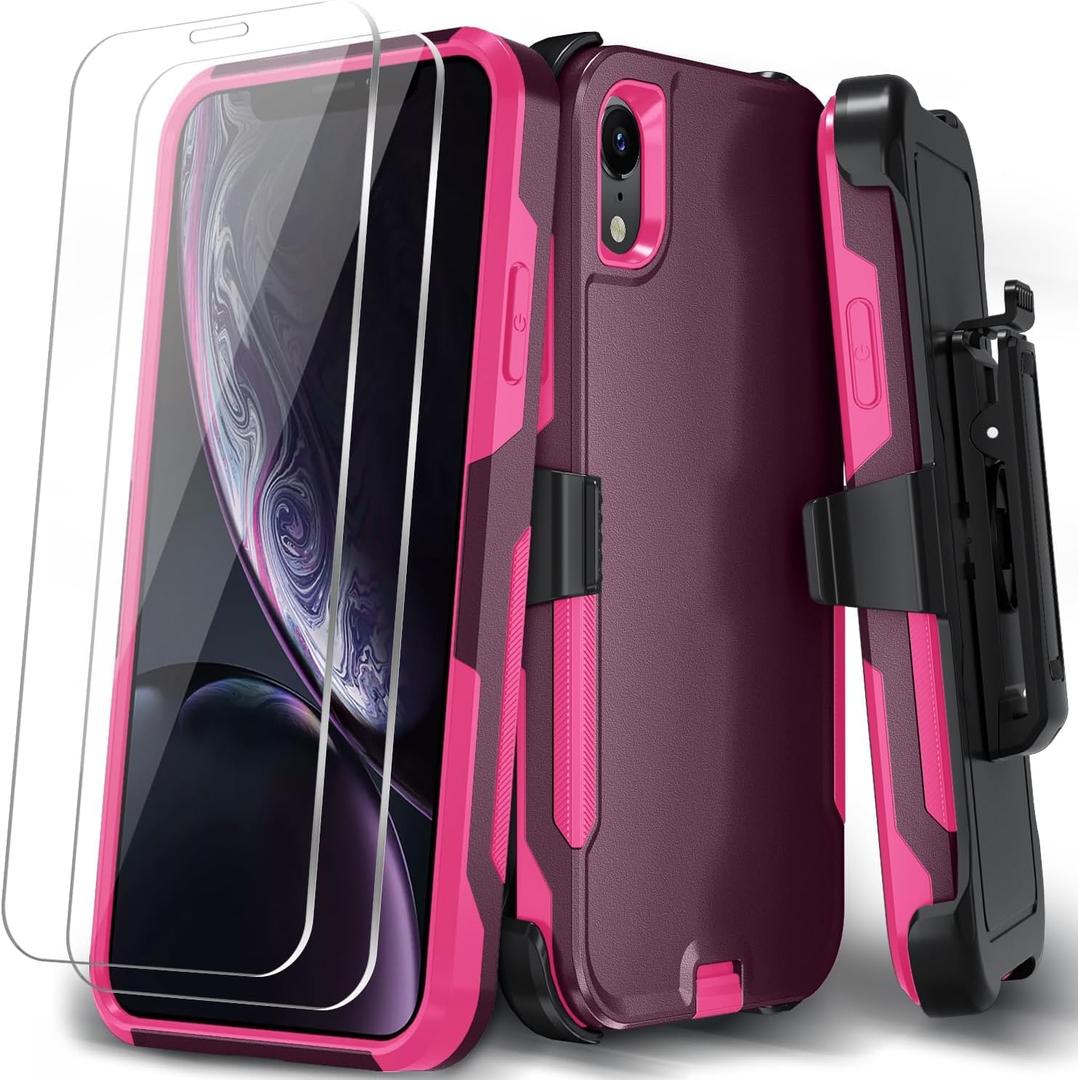 Xmon for iPhone XR Phone case, [Shockproof] [Belt Clip Kickstand] [2X Tempered Glass Screen Protector] Heavy Duty Cover for iPhone XR 6.1 inch (Wine)