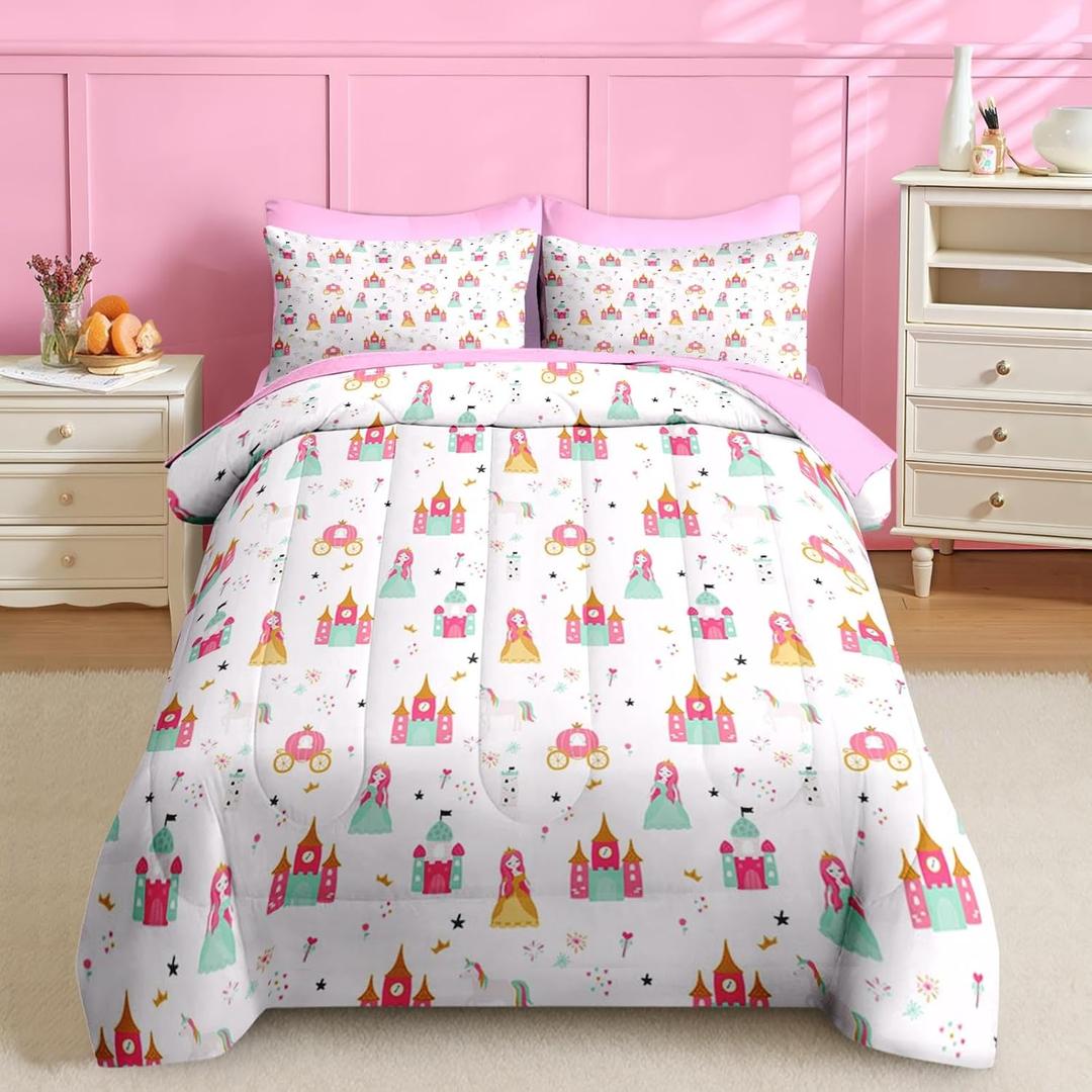 Nesker Zipper Bedding Twin Cartoon Castle Princess Zip Up Bedding Set for Girls and Kids, Cute Horse 3 Pcs Comforter Bed in a Bag with Fitted Sheet and 2 Pcs Pillowcases