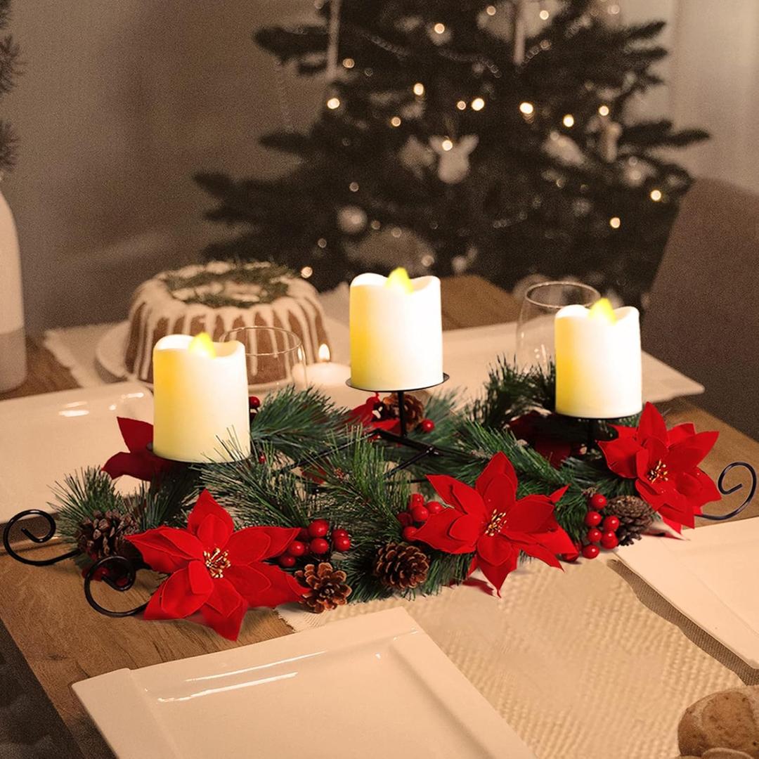 MorTime Christmas Centerpiece with 3 Candle Holders, Xmas Tabletop Decor with Red Flowers Berries Pinecones Steel Base for Indoor Home Christmas Decoration