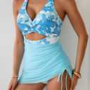 B2prity Women Mesh One Piece Swimdress Swimsuit Tummy Control V Neck Cutout Bathing Suit Wrap Drawstring Sarong Swimwear, S