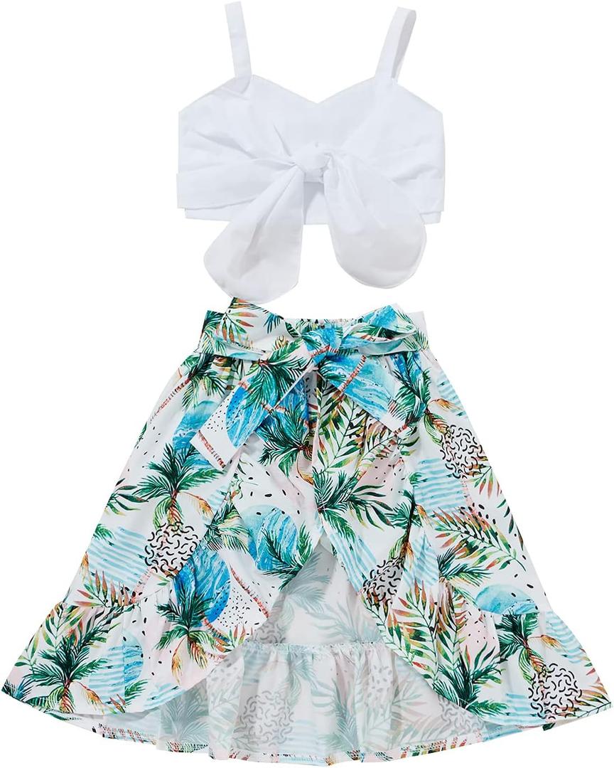Tiny Cutey Toddler Baby Girl Clothes Ruffle Crop Top +Boho Floral Skirt Summer Dress Outfit Two Piece Set (White Top+full Coconut Tree Skirt) Size 140