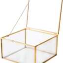 Golden Glass Jewelry Keepsake Square Box, Home Decor Display, Vintage Organizer, Decorative Brass & Clear Glass Box, 5x5x3