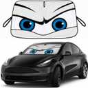 Tesla Model Y/3 Windshield Sun Shade, Cool Gray | Custom Fit 2017-2026 Model Y and Model 3, Foldable Front Window Sunshade, Heat & UV Blocker, Cute Eyes Series