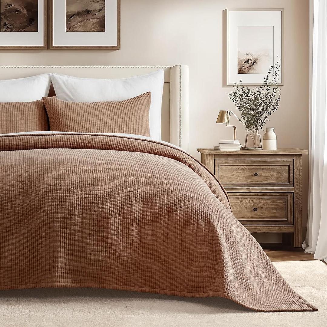 EVERGRACEHOME Cotton Gauze King Bedspread, Ultra Soft Prewashed Pick Stitch Matelass Coverlet, Lightweight Textured Oversized King Quilt Bedding Set for All Season, with 2 Shams, Terracotta Clay (KING/CAL KING (108"x96"))