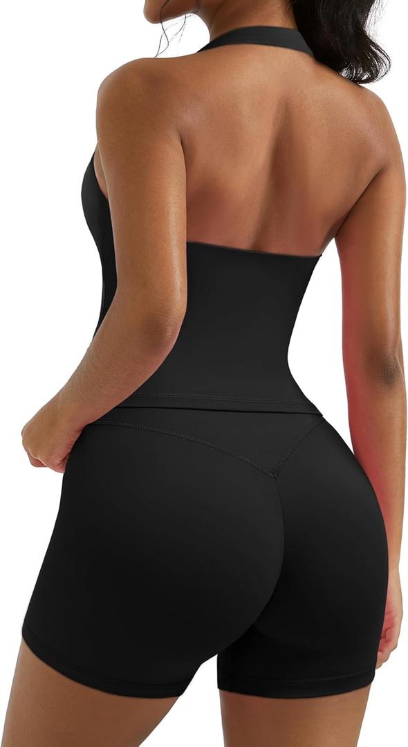 OMKAGI 2 Piece Workout Sets for Women Halter Sports Bra Tank Gym Biker Shorts Outfits (XS)