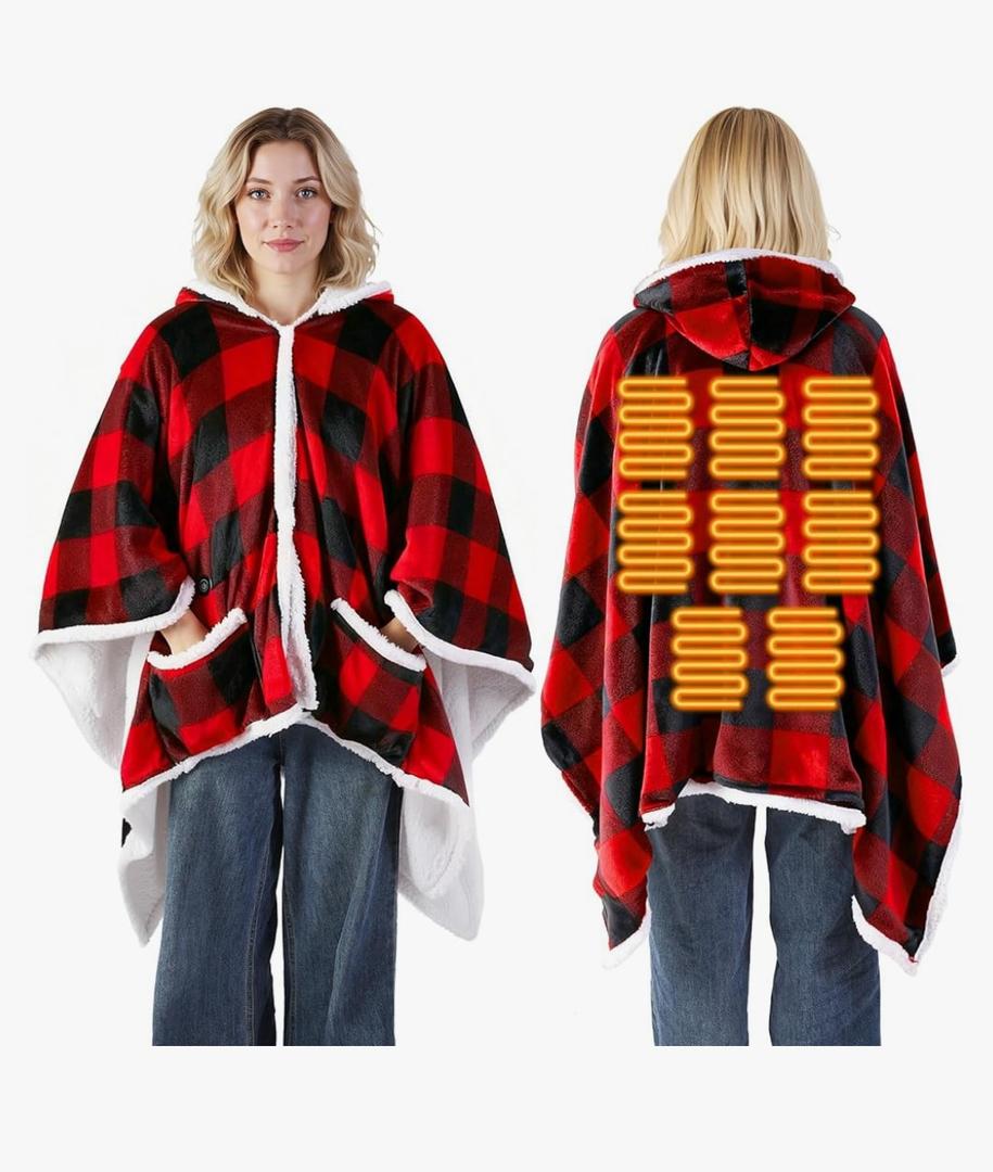 Heated Throw Wearable Blanket for Women Oversized Buffalo Plaid Flannel Hoodie USB 3 Heat Settings Robe Poncho Blanket Christmas Winter Gifts for Xmas Mom Women